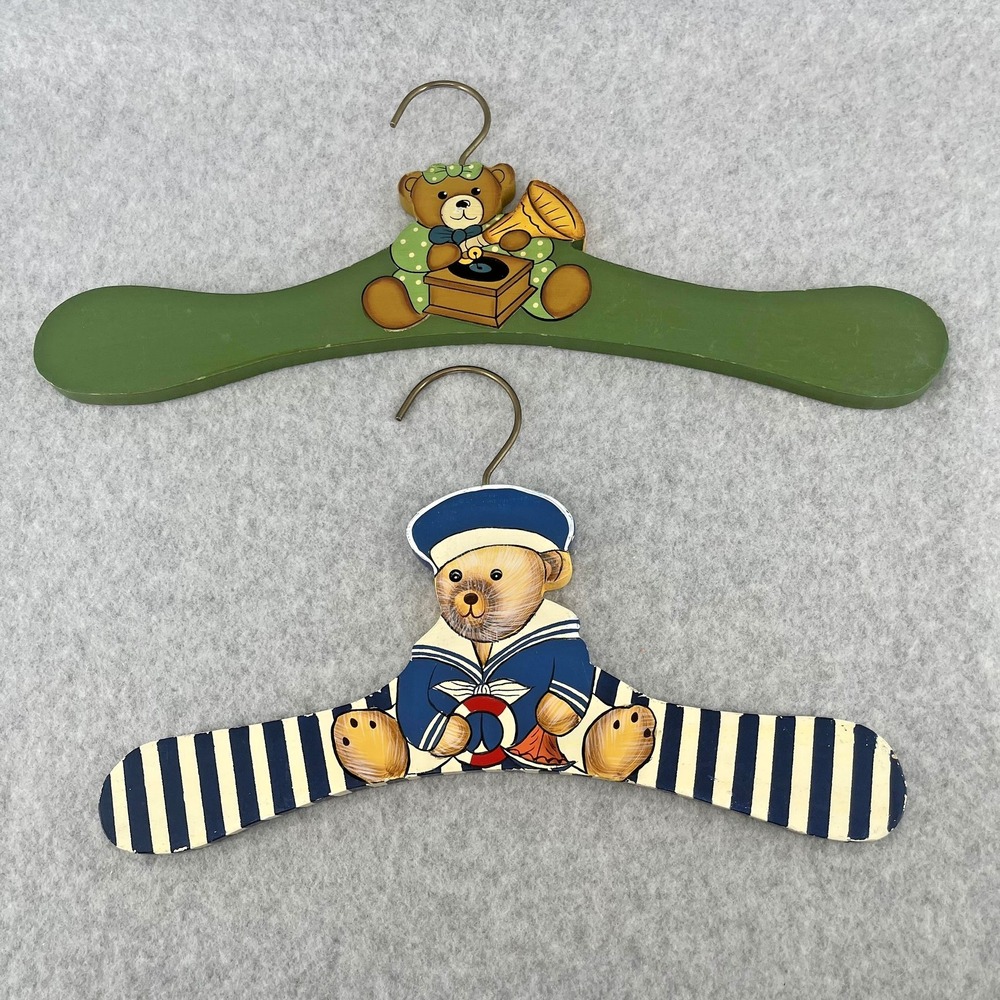 Teddy Bear Wooden Hangers Hand Painted 90s Kids Set Of 2 Striped Nursery Decor